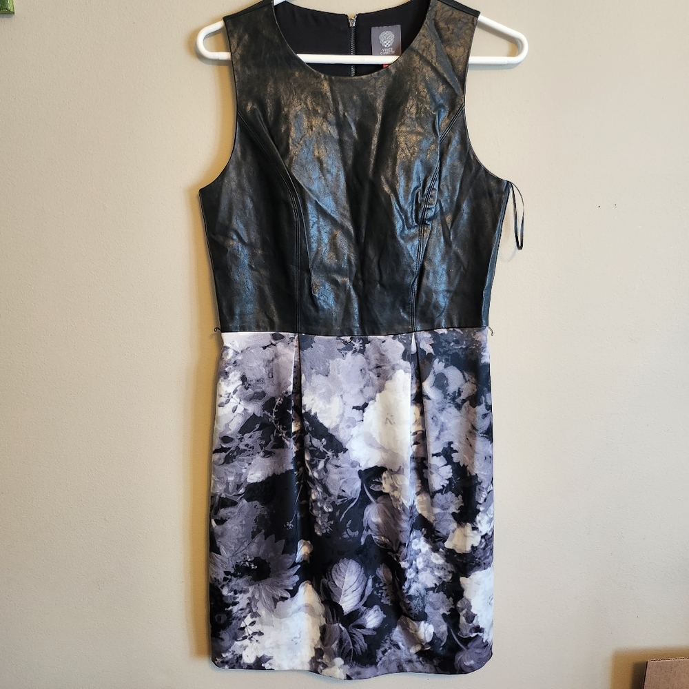 Vince Camuto Faux Leather Floral Gray and Black Sleeveless Sheath Dress 6